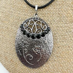 Vintage Upcycled Filigree Floral Pendant Necklace Avant Garde Unique Rhinestone